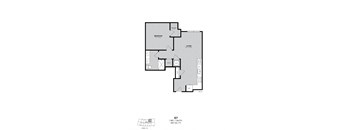 A floor plan of an apartment with a living room, bedroom, and bathroom.