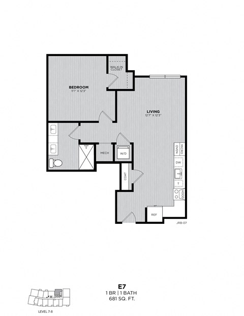 A floor plan of an apartment with a living room, bedroom, and bathroom.