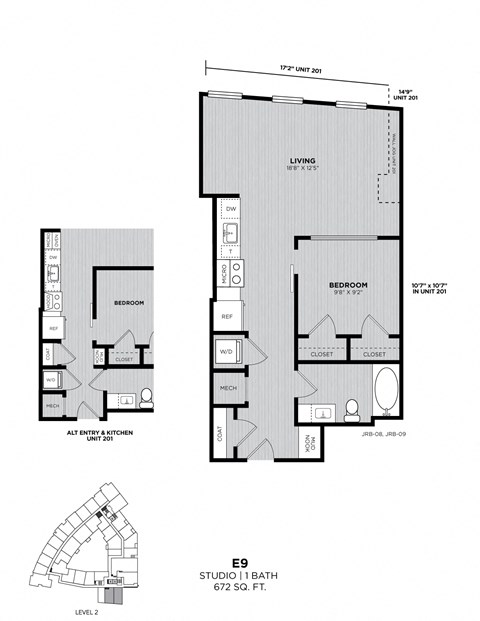 A floor plan for a studio apartment with a living room, bedroom, and bathroom.