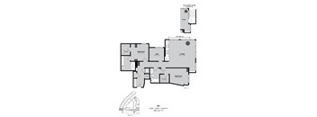 A floor plan of a two-bedroom, one-bathroom apartment with a living room and den.