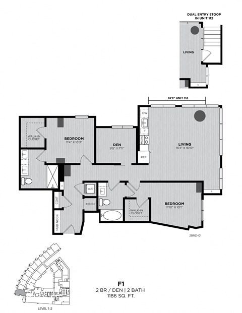 A floor plan of a two-bedroom, one-bathroom apartment with a living room and den.