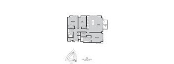 A black and white floor plan of a two bedroom, one bathroom apartment.