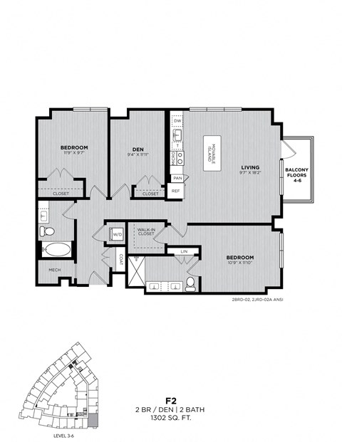 A black and white floor plan of a two bedroom, one bathroom apartment.