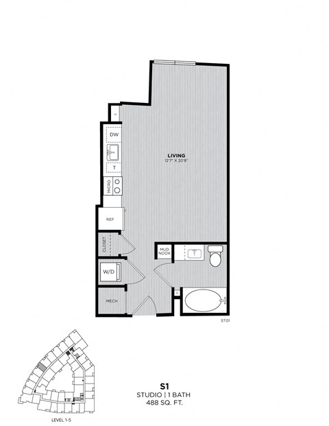 A black and white drawing of a floor plan for a studio apartment.