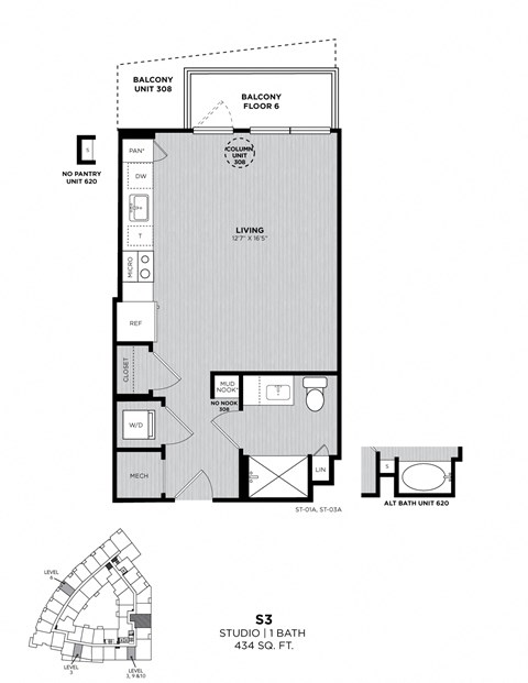 A floor plan for a studio apartment with a living room, bedroom, and bathroom.