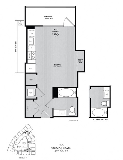 A floor plan for a studio apartment with a living room, kitchen, and bathroom.