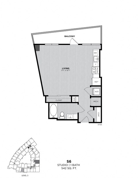 A floor plan for a studio apartment with a living room, bedroom, bathroom, and kitchen.
