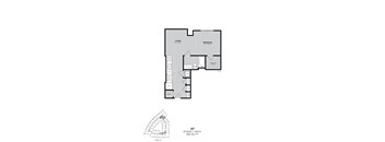 A black and white image of a floor plan for a studio apartment.