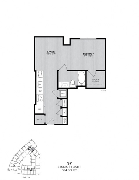 A black and white image of a floor plan for a studio apartment.