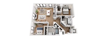 A top-down view of a modern apartment layout.