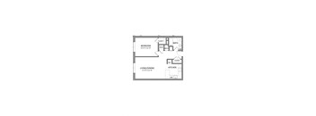 A floor plan of a small apartment with a bedroom, living/dining area, kitchen, and bathroom.