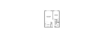 A floor plan of a small apartment with a living area, kitchen, bathroom, and bedroom.