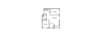 A floor plan of a small apartment with a living room, kitchen, and two bedrooms.