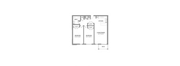 A floor plan of a small apartment with a kitchen, living room, and two bedrooms.