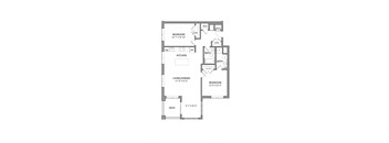 A floor plan of a small apartment with a kitchen, two bathrooms, and two bedrooms.