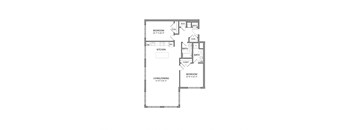 A floor plan of a home with a living/dining area, kitchen, and two bedrooms.