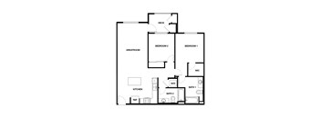 A floor plan of a house with two bedrooms, a kitchen, a bathroom, and a great room.