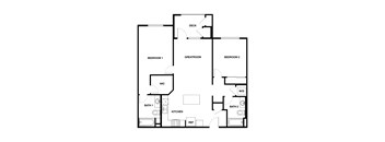 A black and white floor plan of a house with two bedrooms, a kitchen, a bathroom, a great room, and a deck.