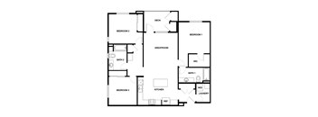 A floor plan of a house with three bedrooms, a kitchen, a laundry room, and two bathrooms.