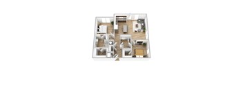 A top-down view of a house layout with multiple rooms and furniture.