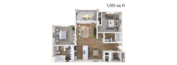 A 1,051 square foot floor plan of a home with a kitchen, living room, and bathroom.