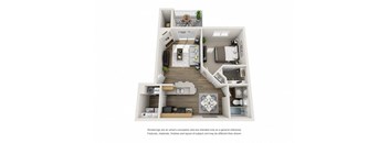 A floor plan of a house with a kitchen, living room, and two bedrooms.