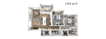 A 1,013 square foot floor plan of a home with a kitchen, living room, and bathroom.