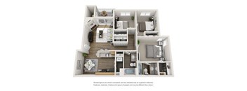 A floor plan of a two-bedroom apartment with a living room, kitchen, and bathroom.