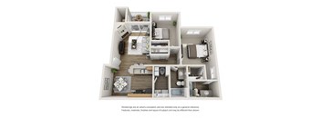 A 3D floor plan of a house with a kitchen, living room, and two bedrooms.