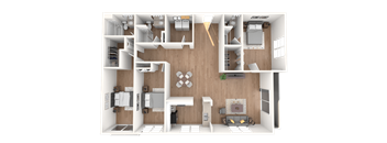 A top-down view of a modern apartment layout with a kitchen, living room, and bathroom.