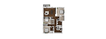A floor plan of a house with a living room, kitchen, and two bedrooms.