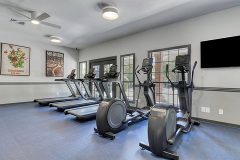 A gym with treadmills, elliptical machines, and a flat screen TV.