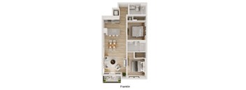 A floor plan of a small apartment with a kitchen, living room, and bathroom.