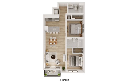 A floor plan of a small apartment with a kitchen, living room, and bathroom.