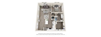 A 3D floor plan of a small apartment with a kitchen, living room, and bedroom.