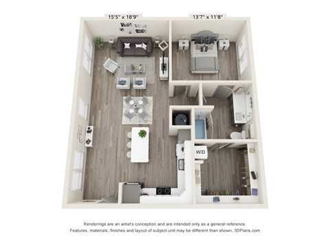 A 3D floor plan of a small apartment with a kitchen, living room, and bedroom.