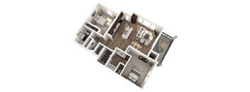 A 3D floor plan of a house with multiple rooms and furniture.