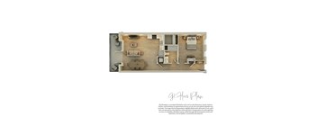 A floor plan of a house with a kitchen, living room, and two bedrooms.