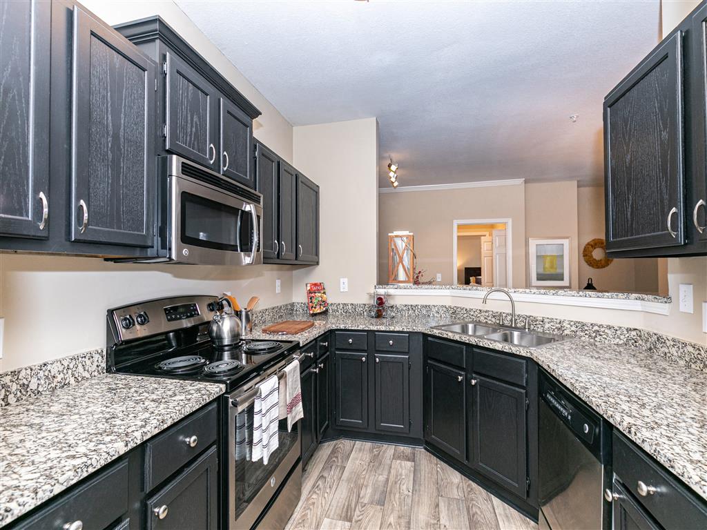 A kitchen with black cabinets and granite countertops.