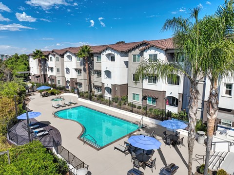 A sunny day at the pool of a residential building.