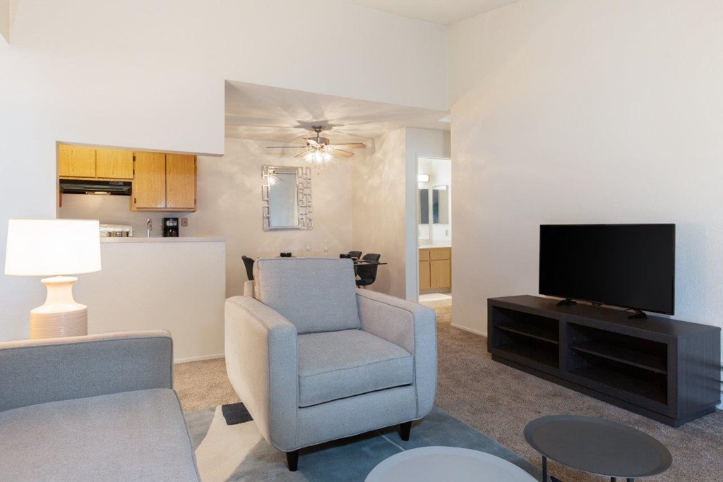 Apartments for Rent Morgan Hill CA - Monte Vista - Furnished Living Room with TV Stand, Armchair, Sofa, and Carpeted Flooring