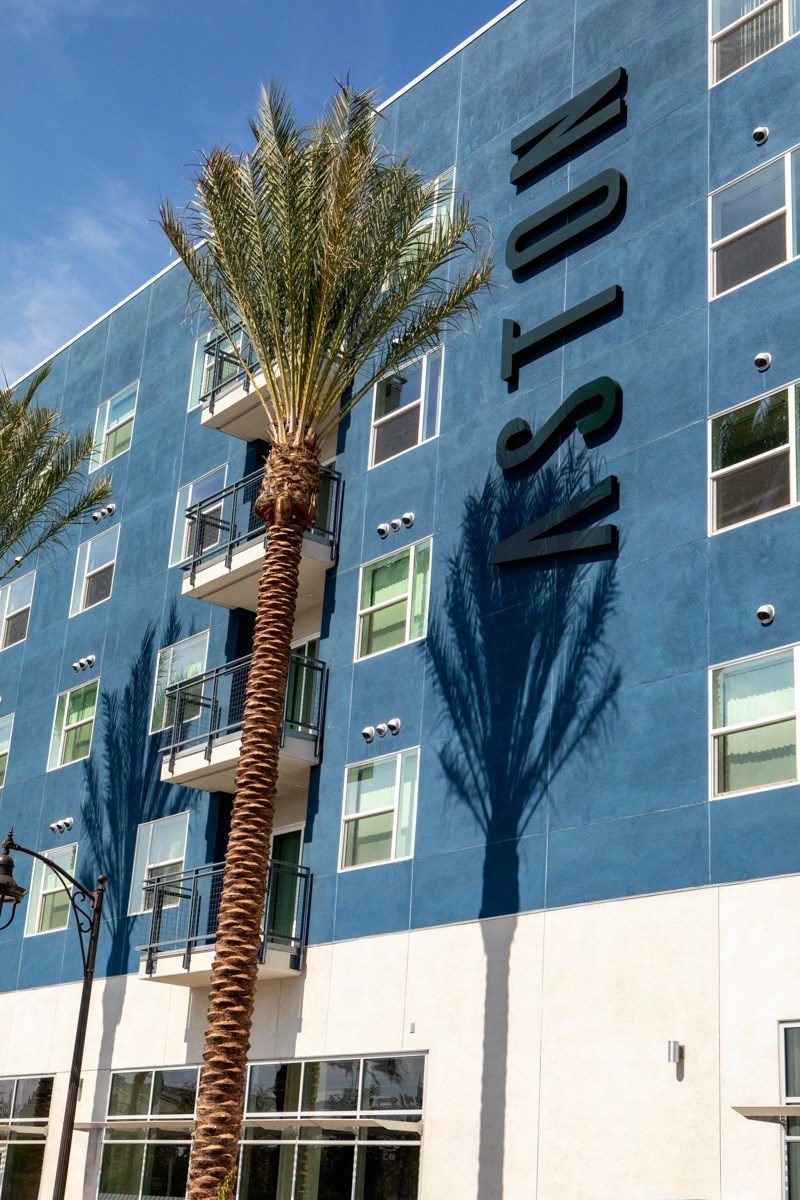 exterior view with palm tree of Aston at Gateway apartments in El Monte, California