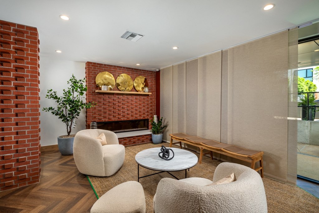 lobby with fireplace and lounge seating