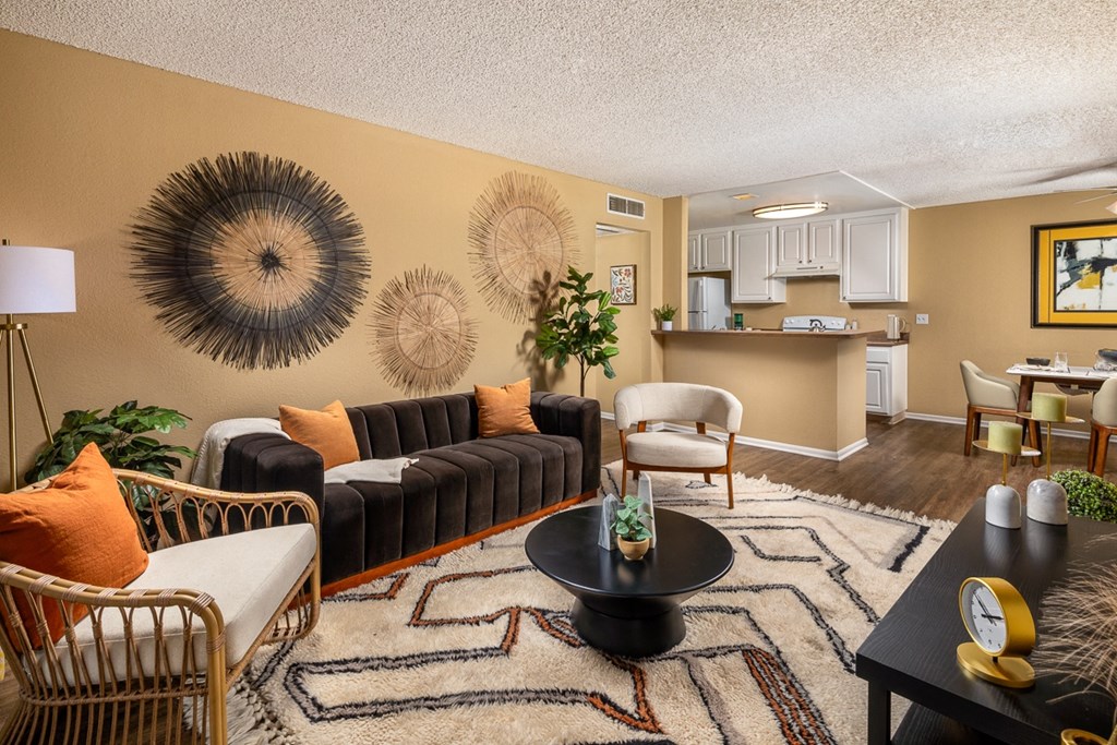 a living room with a couch and a table