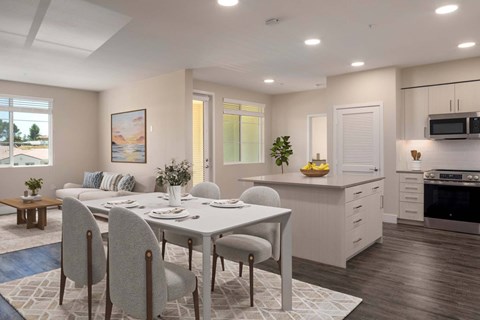 A modern dining room with a table set for four.