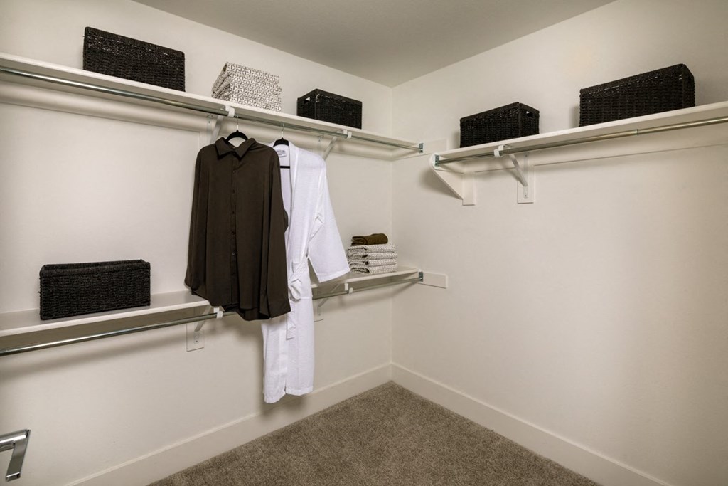 a 1-bedroom spacious closet with shelves and clothes hanging on a rack