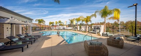 A pool area with sun loungers and palm trees.
