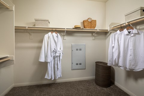 A white shirt is hanging on a hanger in a white closet.