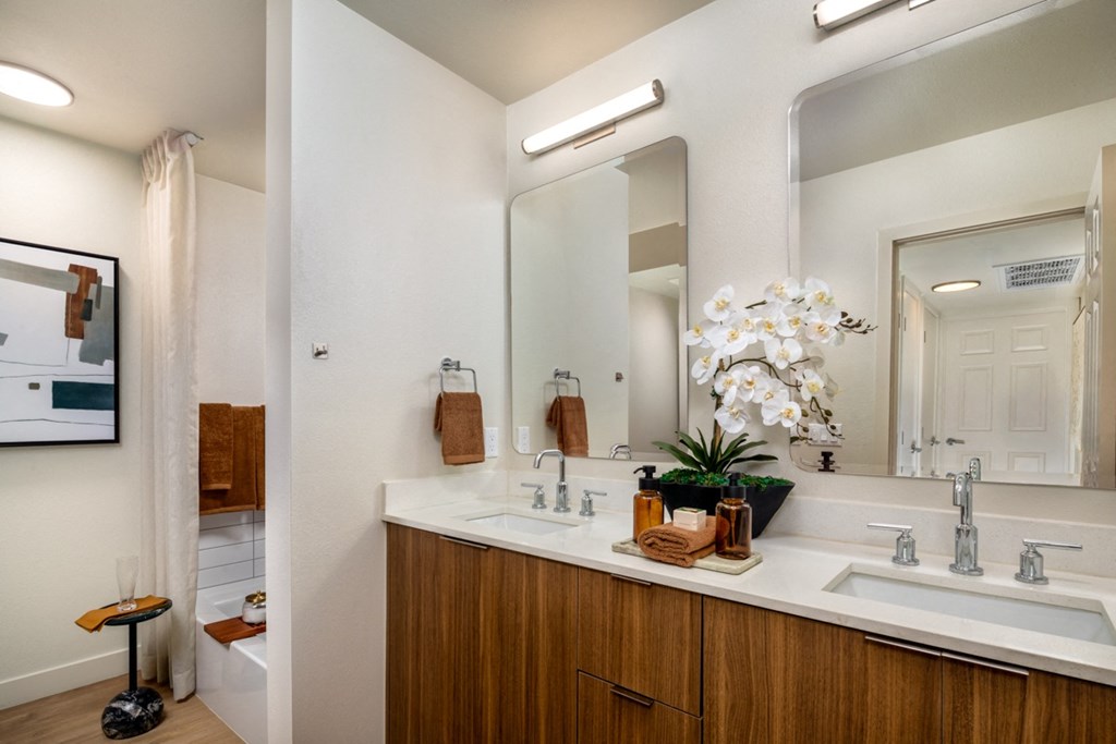 A bathroom with a white sink and a mirror above it.