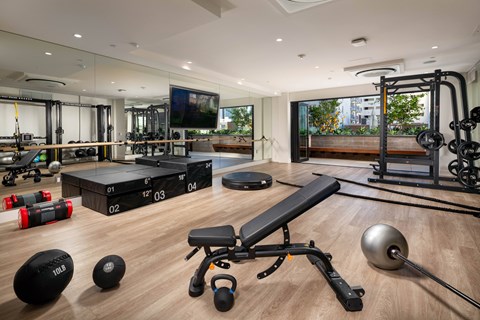 A gym with a variety of equipment including a bench, kettlebell, and a barbell.